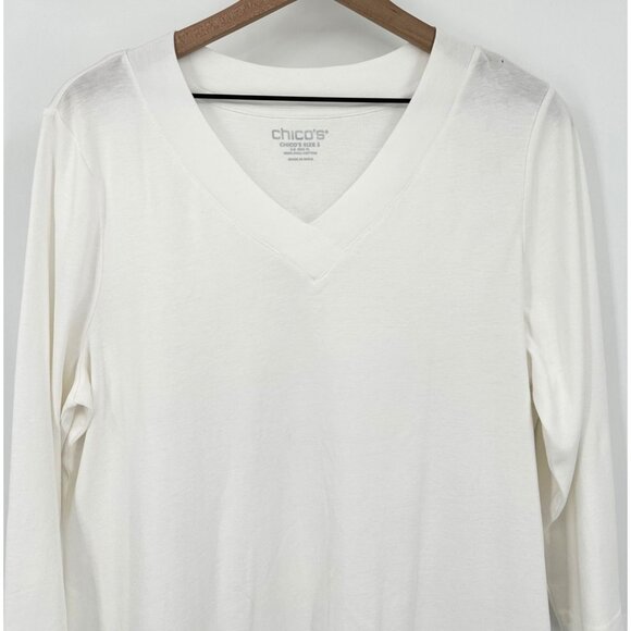Chicos Pima Cotton Tee Top Women XL White V-neck 3/4 Sleeve Basic Neck NWT - Picture 2 of 9